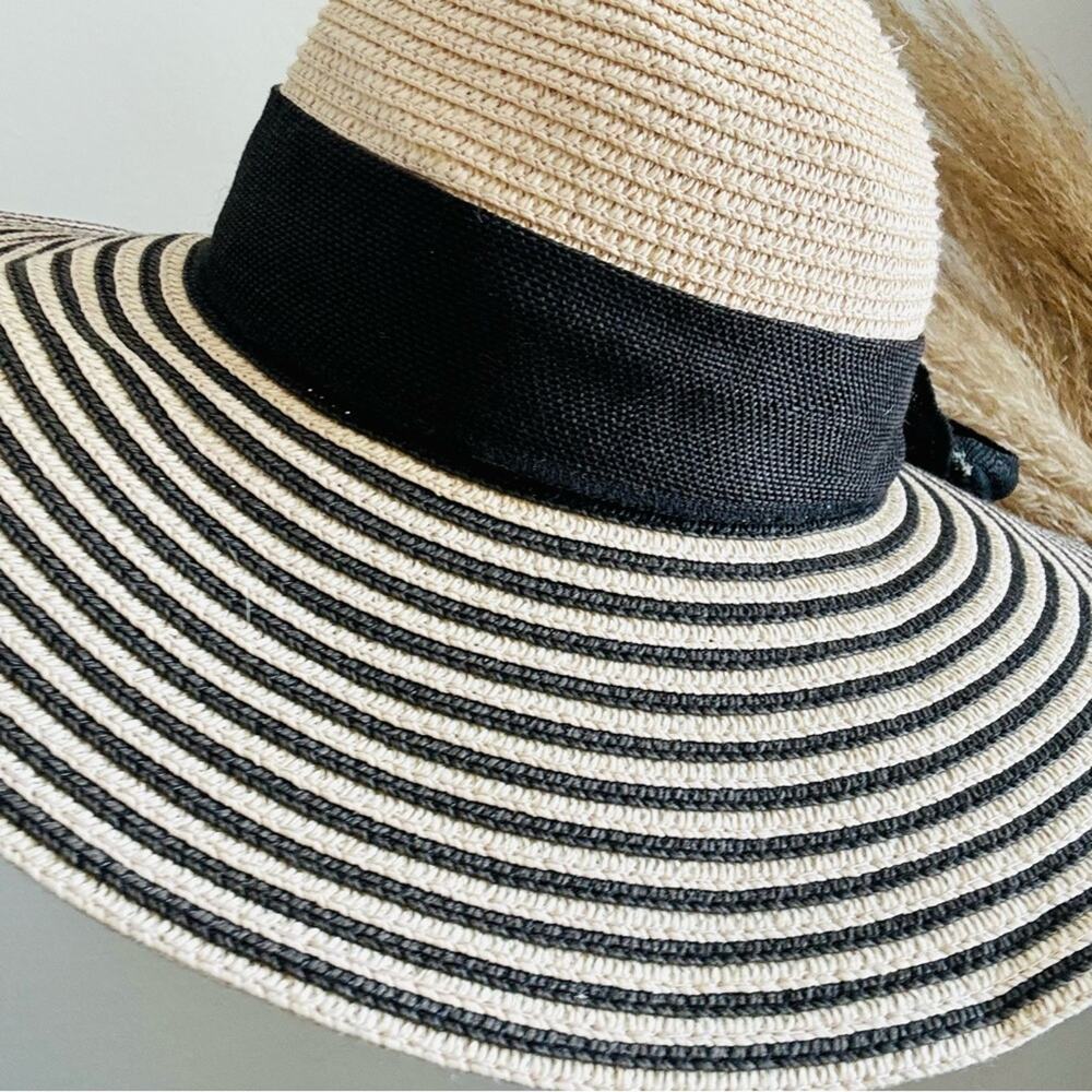 VINTAGE NORDSTROM Cream Tan Straw Wide Brim Floppy Black Bow Ribbon Sun Hat - Picture 8 of 9